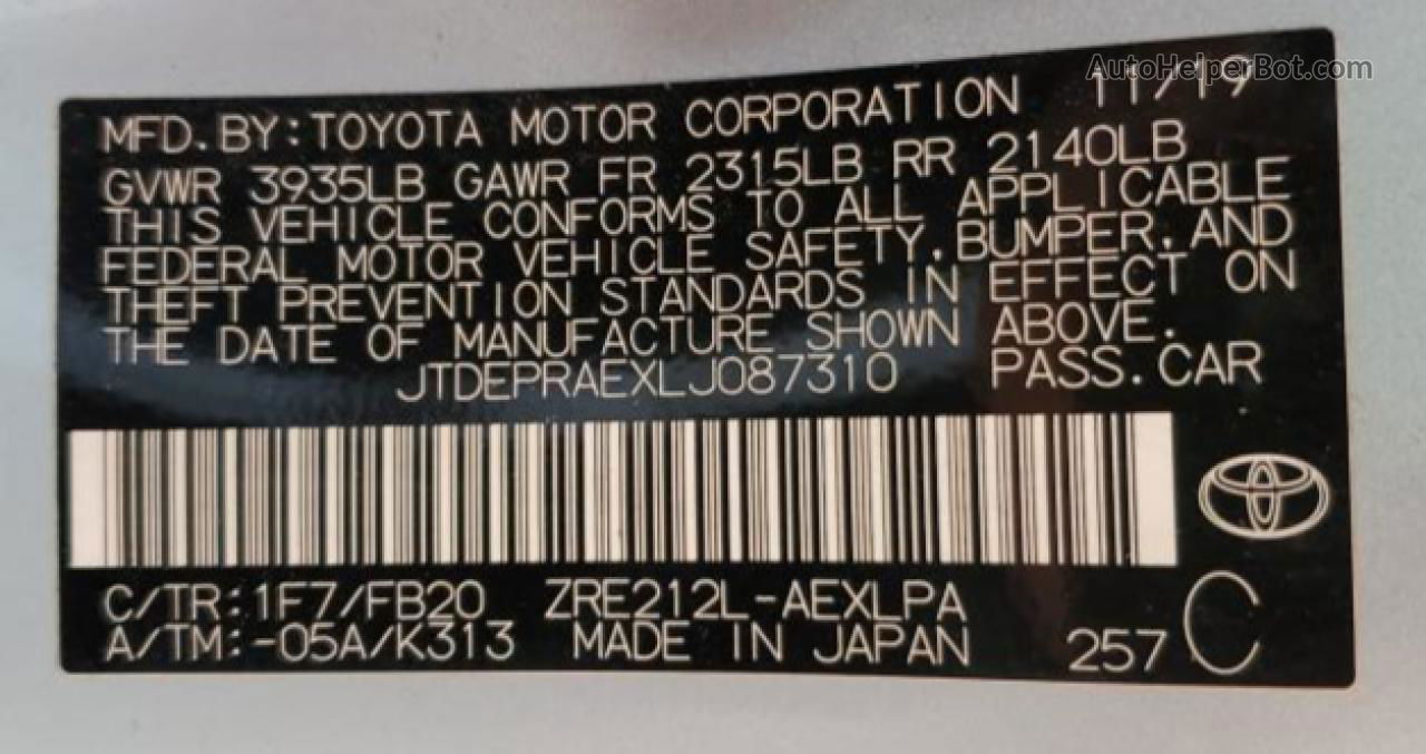 2020 Toyota Corolla Le Silver vin: JTDEPRAEXLJ087310