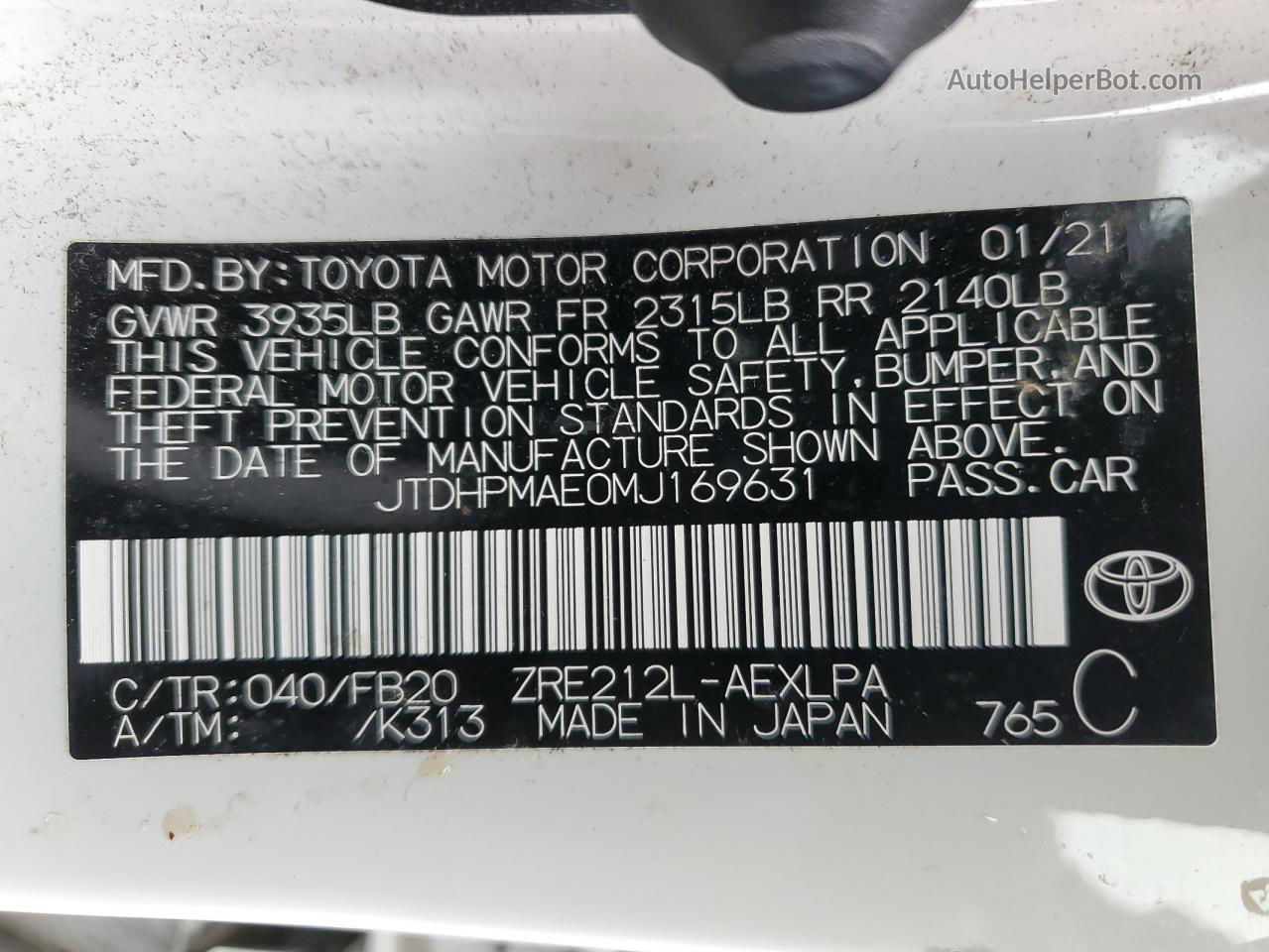 2021 Toyota Corolla Le White vin: JTDHPMAE0MJ169631
