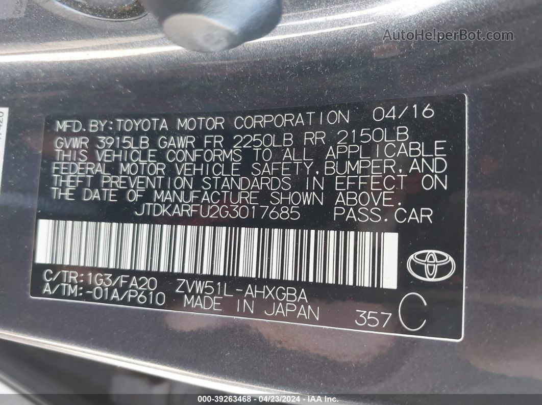 2016 Toyota Prius Three Gray vin: JTDKARFU2G3017685