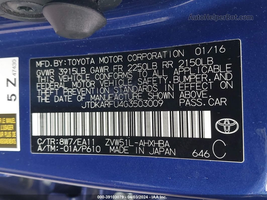 2016 Toyota Prius Three Touring Dark Blue vin: JTDKARFU4G3503009