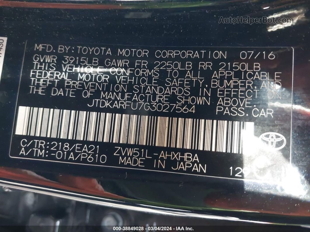 2016 Toyota Prius   Черный vin: JTDKARFU7G3027564