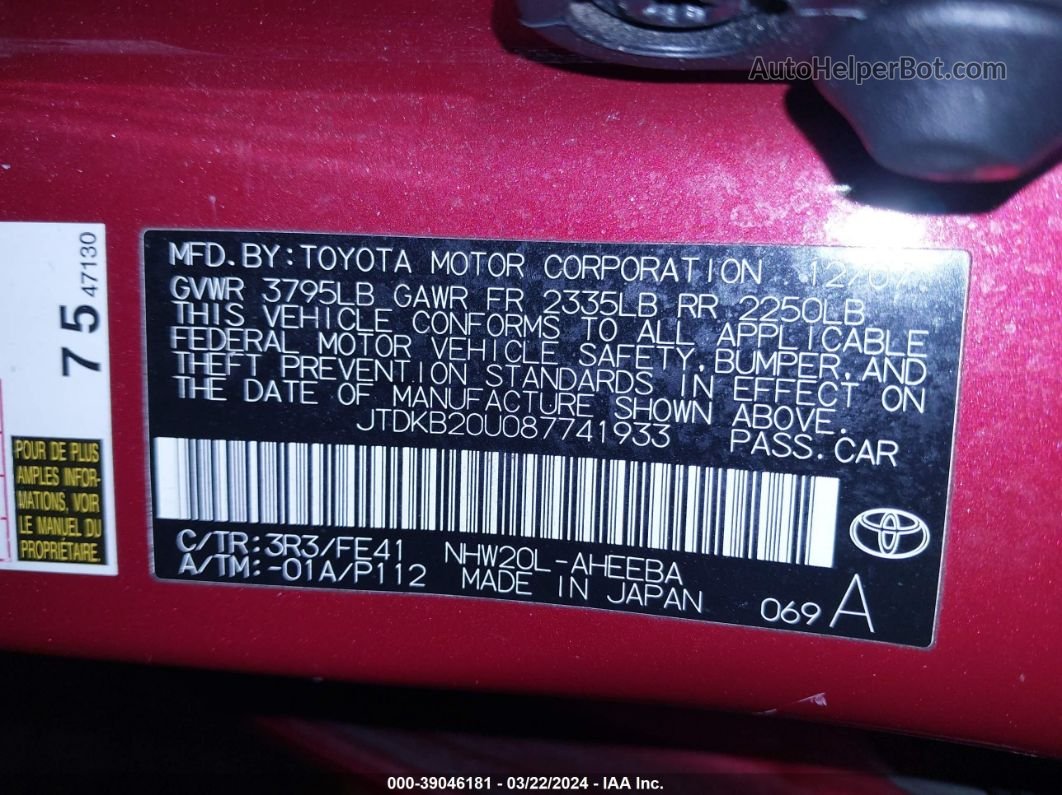 2008 Toyota Prius   Red vin: JTDKB20U087741933