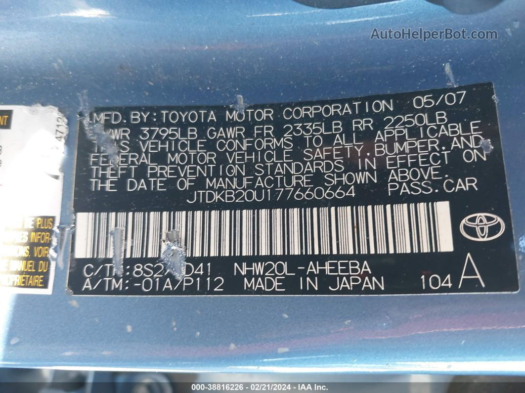 2007 Toyota Prius   Синий vin: JTDKB20U177660664