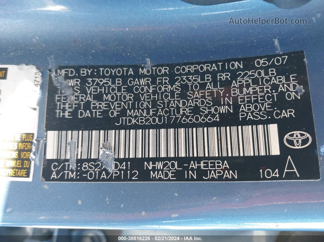 2007 Toyota Prius   Blue vin: JTDKB20U177660664