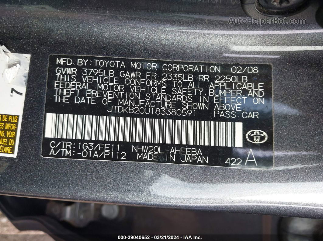 2008 Toyota Prius   Gray vin: JTDKB20U183380591
