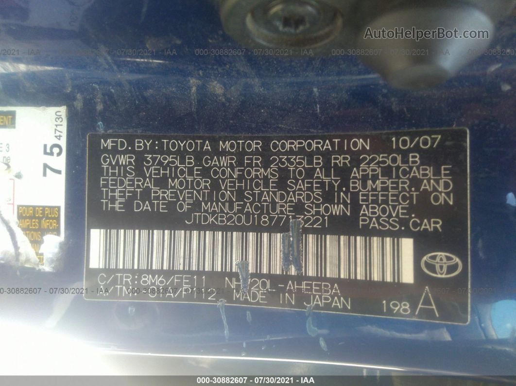 2008 Toyota Prius   Синий vin: JTDKB20U187713221
