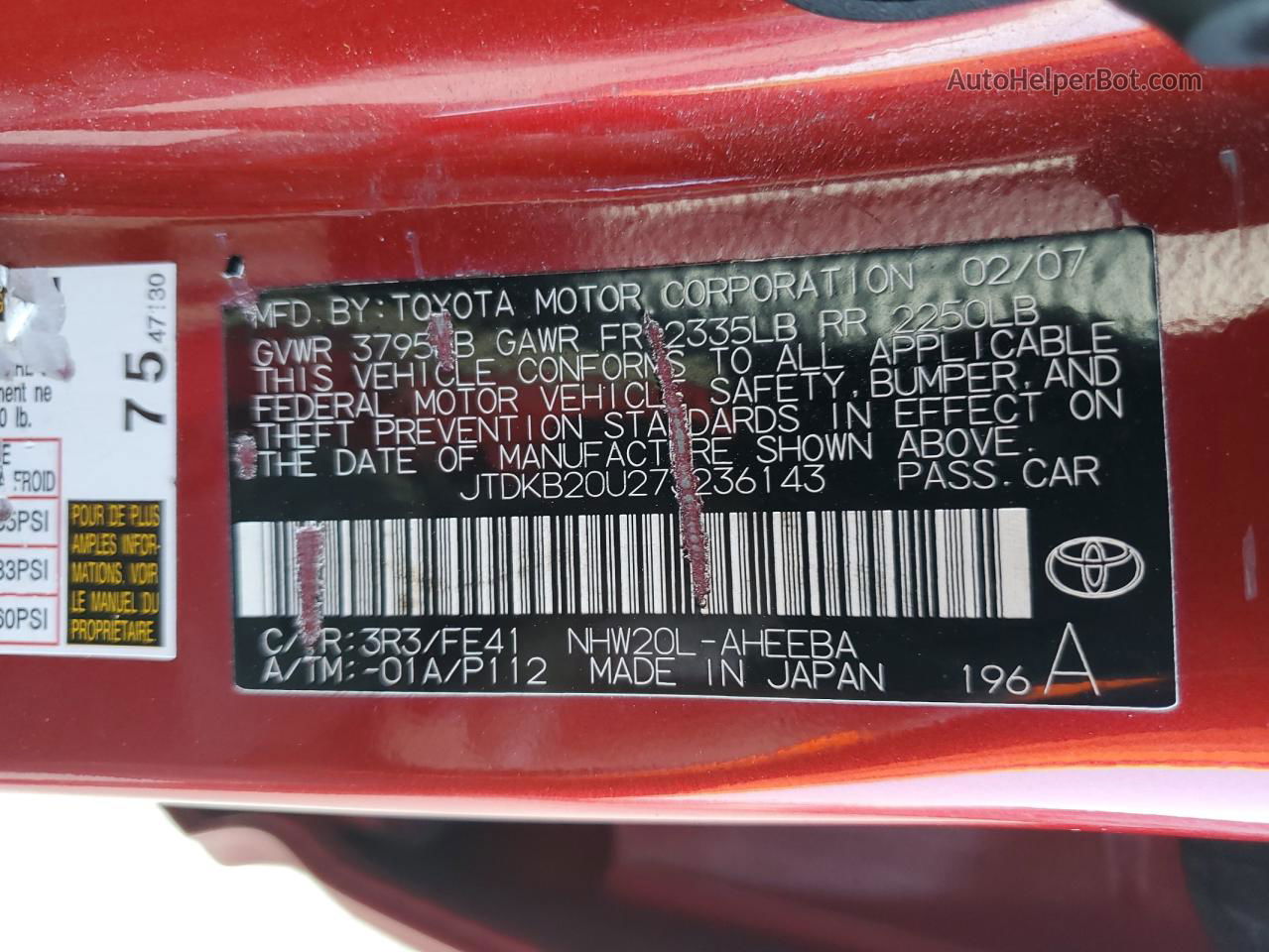 2007 Toyota Prius  Red vin: JTDKB20U273236143