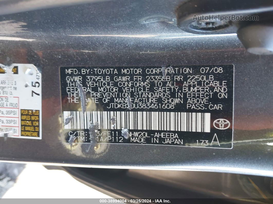 2008 Toyota Prius   Gray vin: JTDKB20U383461608