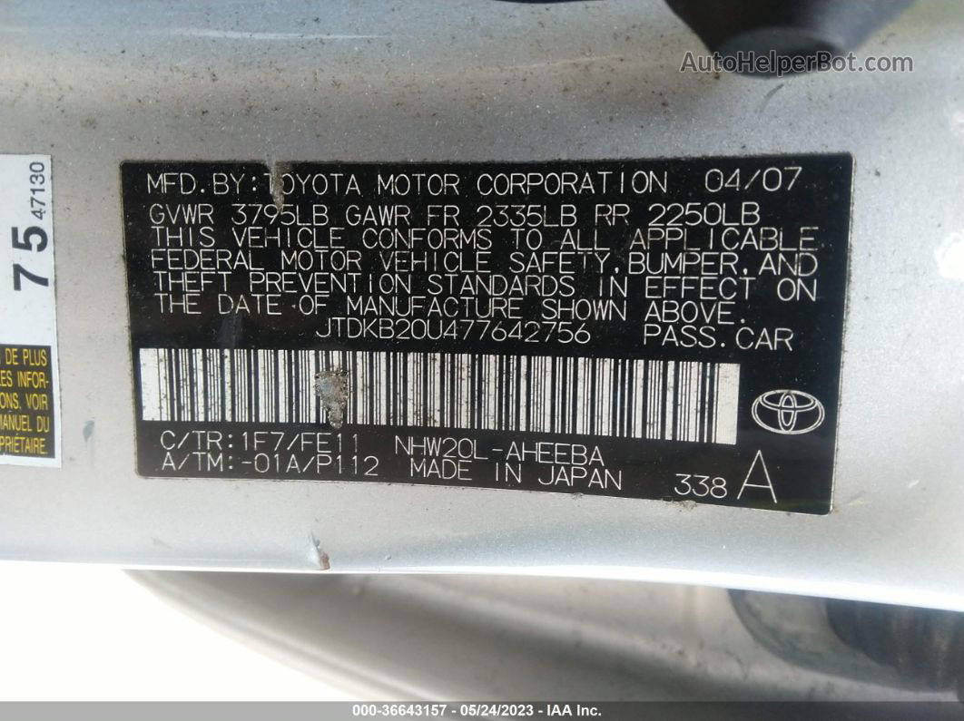 2007 Toyota Prius Silver vin: JTDKB20U477642756