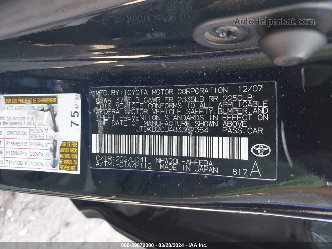 2008 Toyota Prius   Black vin: JTDKB20U483357354