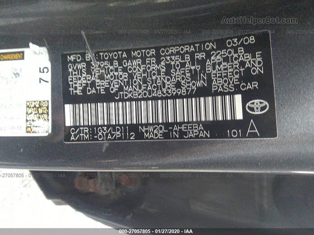 2008 Toyota Prius 4-door Liftback vin: JTDKB20U483399877