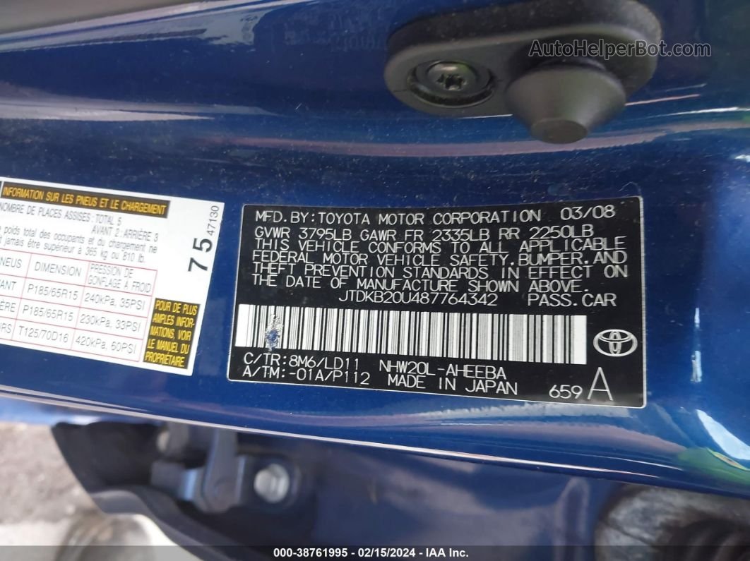 2008 Toyota Prius   Blue vin: JTDKB20U487764342