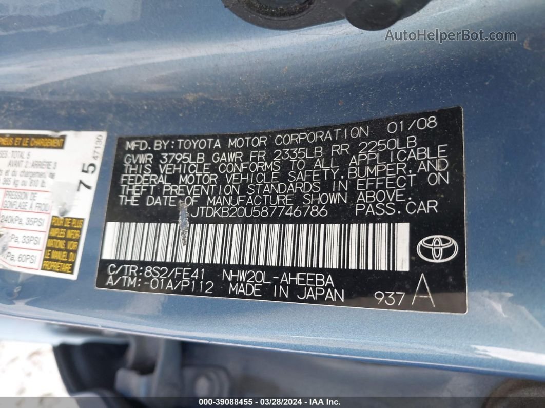 2008 Toyota Prius   Синий vin: JTDKB20U587746786