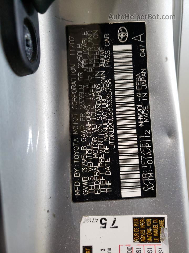 2008 Toyota Prius  Серебряный vin: JTDKB20U683335758