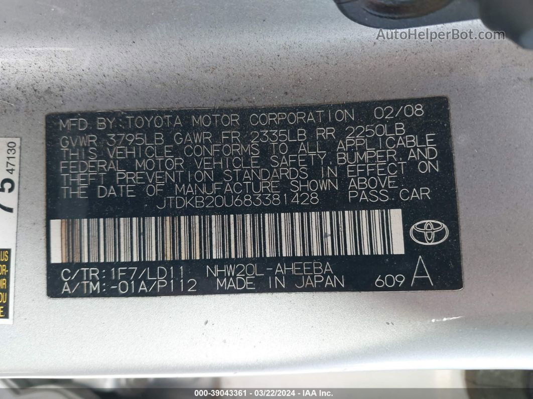 2008 Toyota Prius   Серебряный vin: JTDKB20U683381428