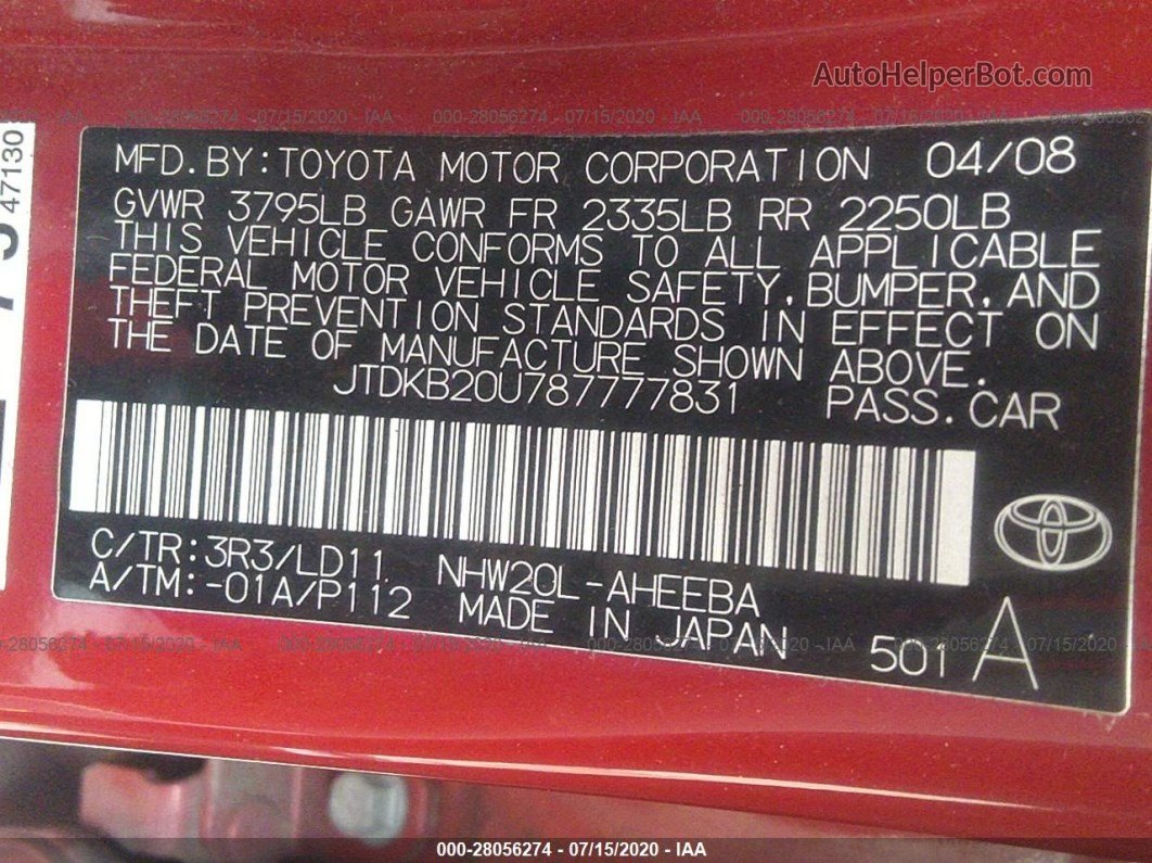2008 Toyota Prius Red vin: JTDKB20U787777831