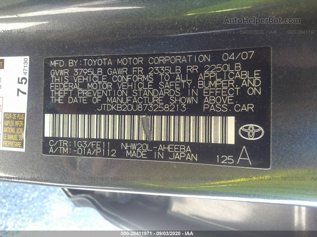 2007 Toyota Prius Gray vin: JTDKB20U873258213