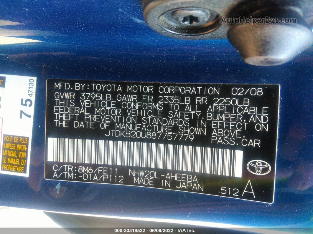 2008 Toyota Prius   Blue vin: JTDKB20U887757779