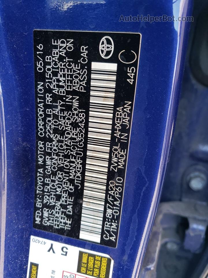 2016 Toyota Prius  Blue vin: JTDKBRFU1G3524381