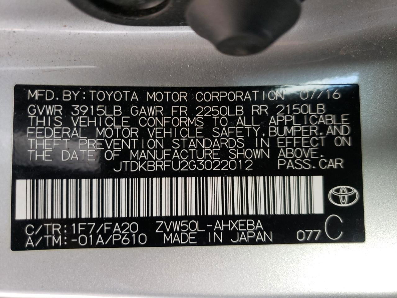 2016 Toyota Prius  Silver vin: JTDKBRFU2G3022012