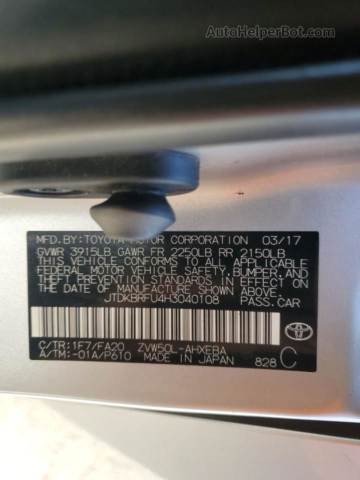 2017 Toyota Prius  Silver vin: JTDKBRFU4H3040108