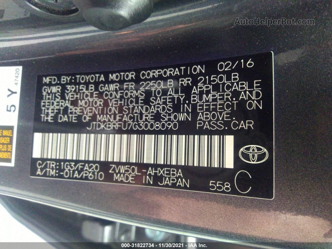 2016 Toyota Prius Two Серый vin: JTDKBRFU7G3008090