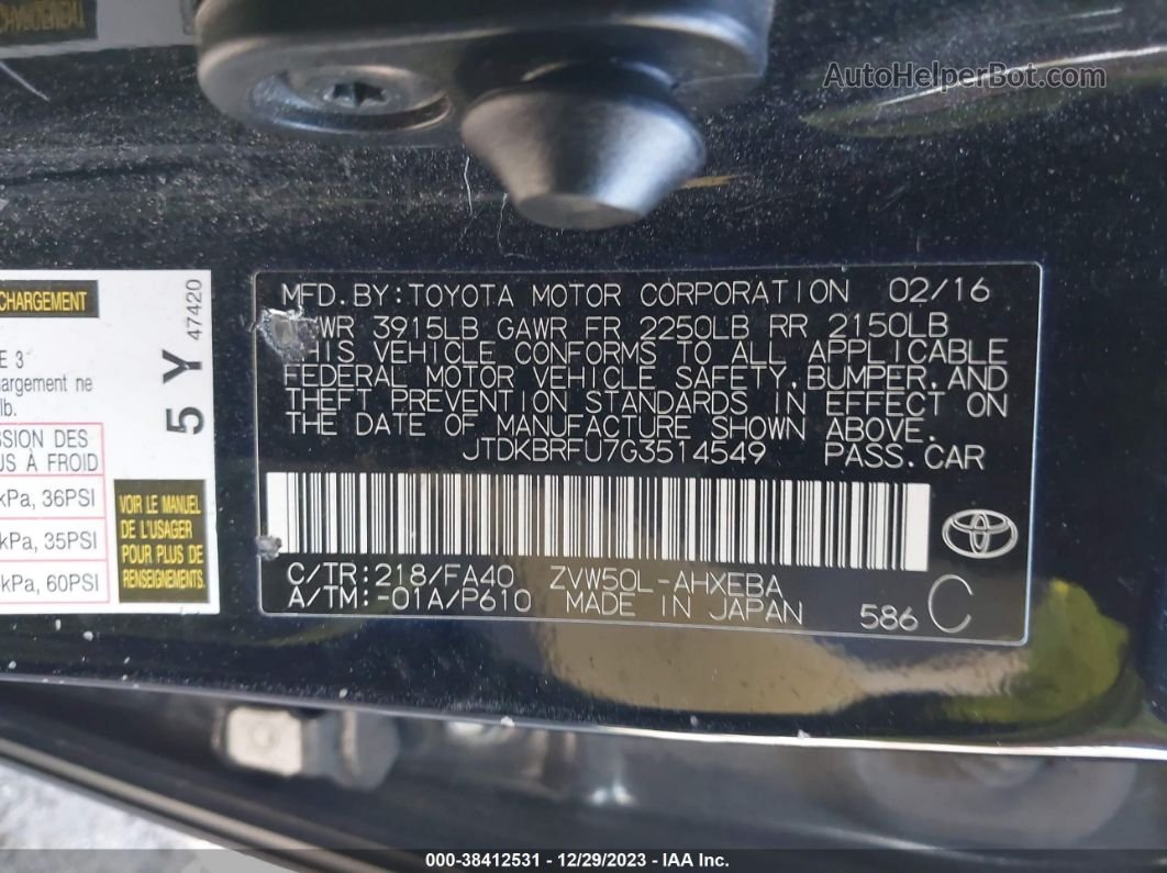 2016 Toyota Prius Two Черный vin: JTDKBRFU7G3514549