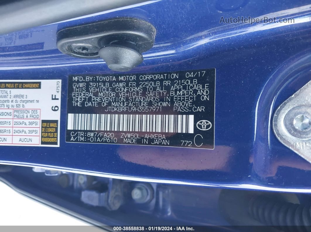 2017 Toyota Prius One Blue vin: JTDKBRFU9H3557971