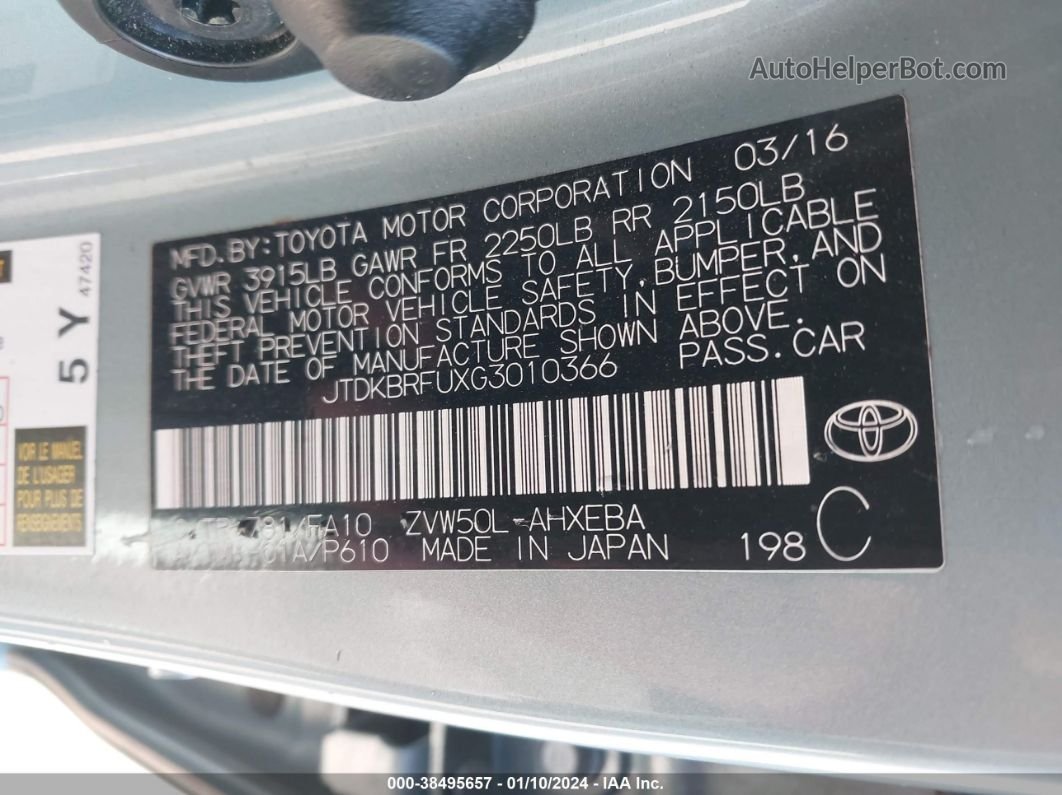 2016 Toyota Prius Light Blue vin: JTDKBRFUXG3010366