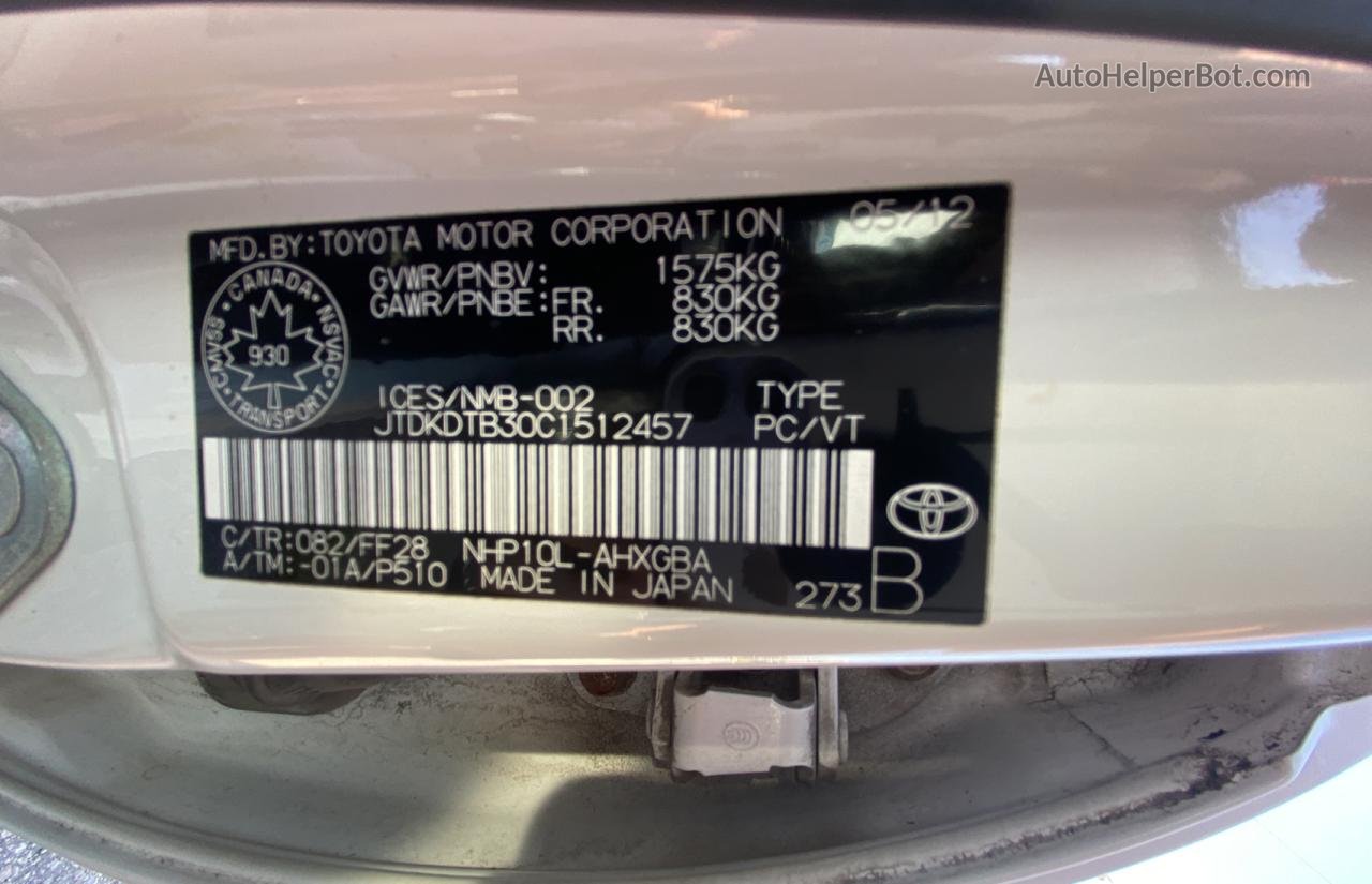 2012 Toyota Prius C  White vin: JTDKDTB30C1512457