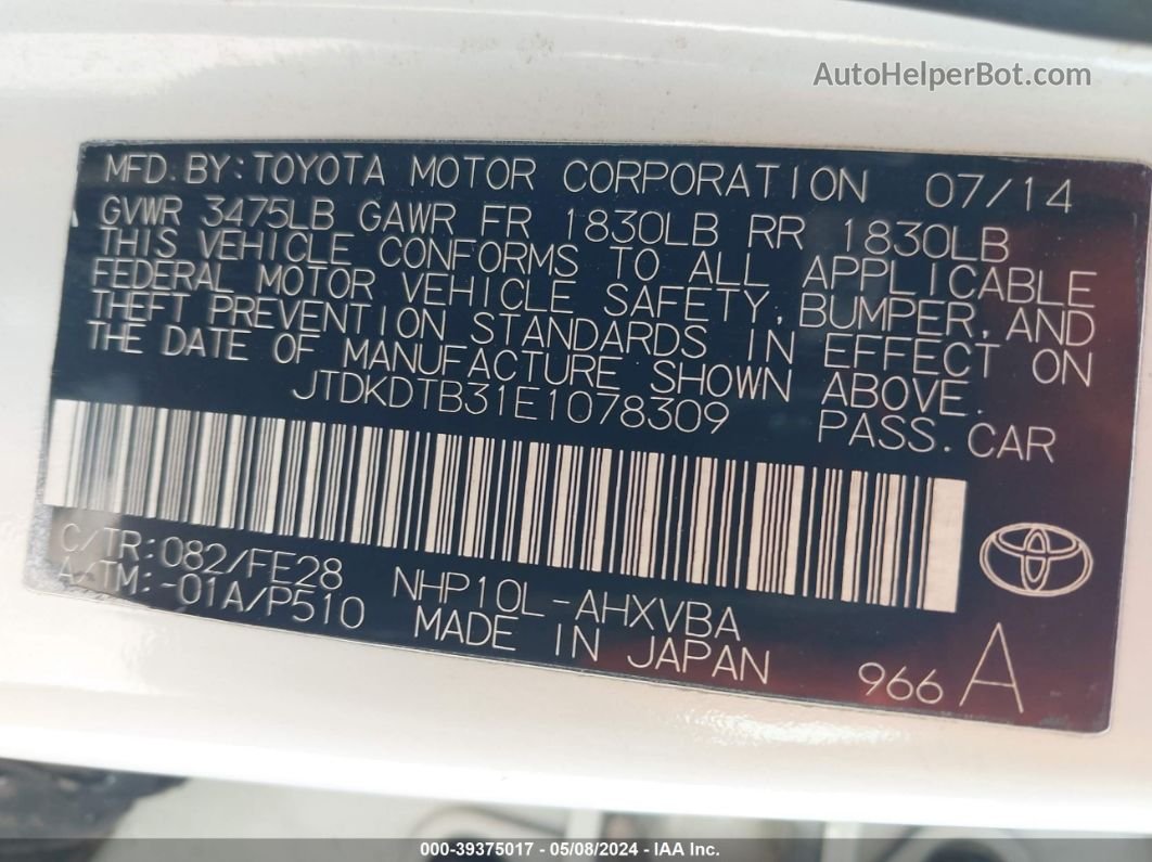 2014 Toyota Prius C One White vin: JTDKDTB31E1078309