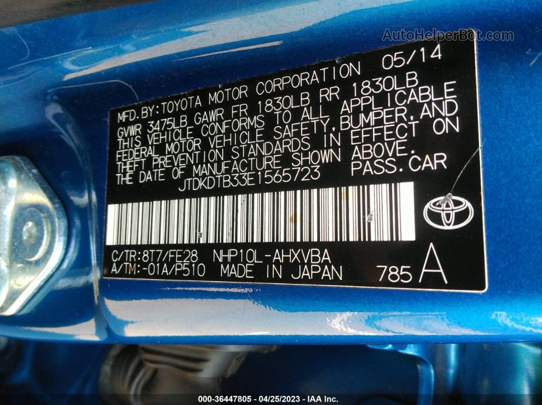 2014 Toyota Prius C One/three/two/four Blue vin: JTDKDTB33E1565723