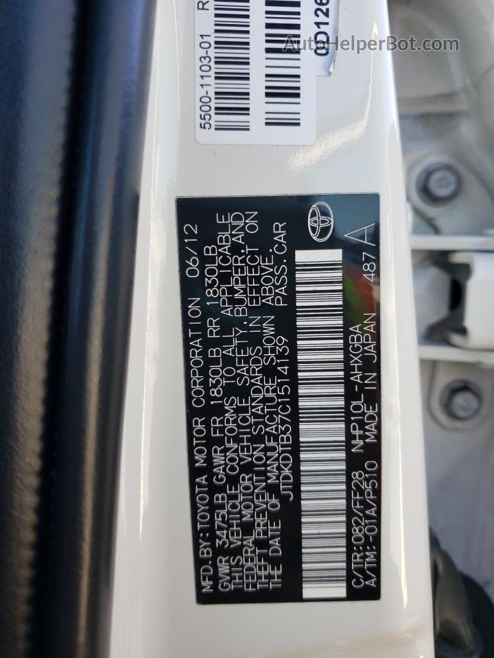 2012 Toyota Prius C  White vin: JTDKDTB37C1514139