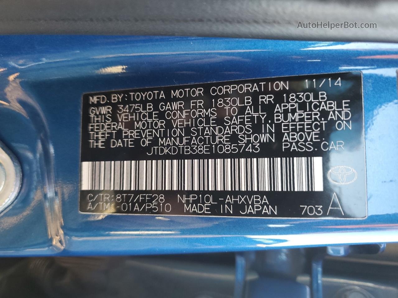 2014 Toyota Prius C  Blue vin: JTDKDTB38E1085743