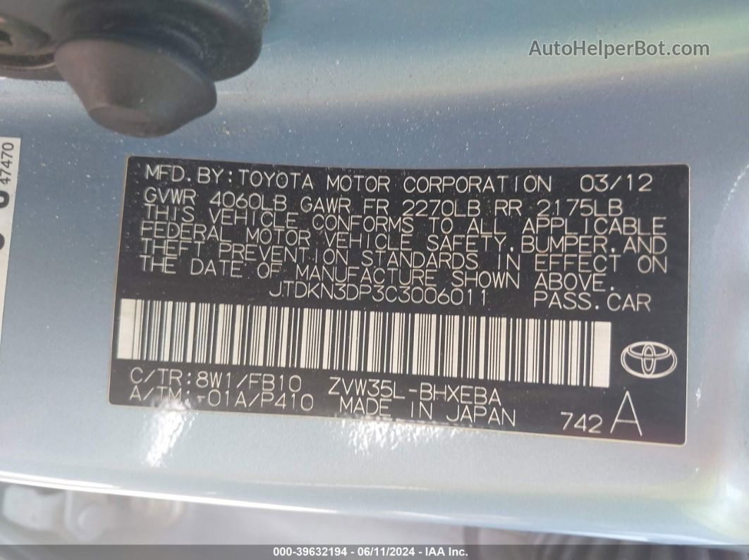 2012 Toyota Prius Plug-in   Blue vin: JTDKN3DP3C3006011