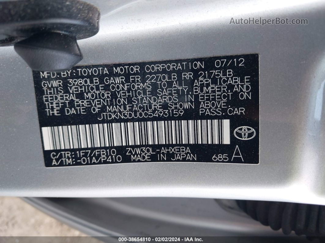 2012 Toyota Prius   Silver vin: JTDKN3DU0C5493159