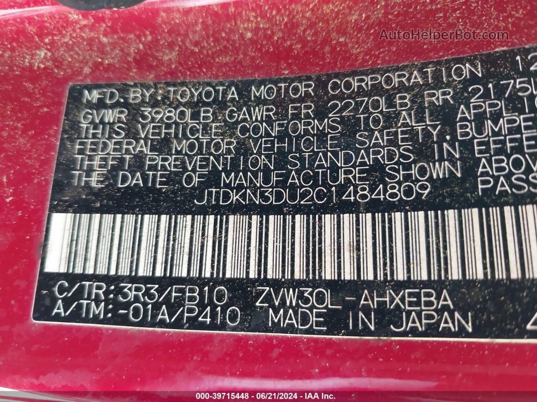 2012 Toyota Prius Two Red vin: JTDKN3DU2C1484809