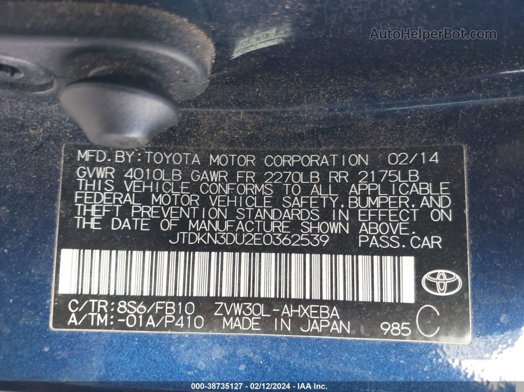 2014 Toyota Prius Three Blue vin: JTDKN3DU2E0362539