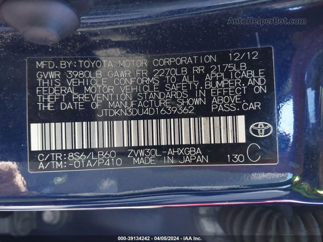 2013 Toyota Prius Four Dark Blue vin: JTDKN3DU4D1639362