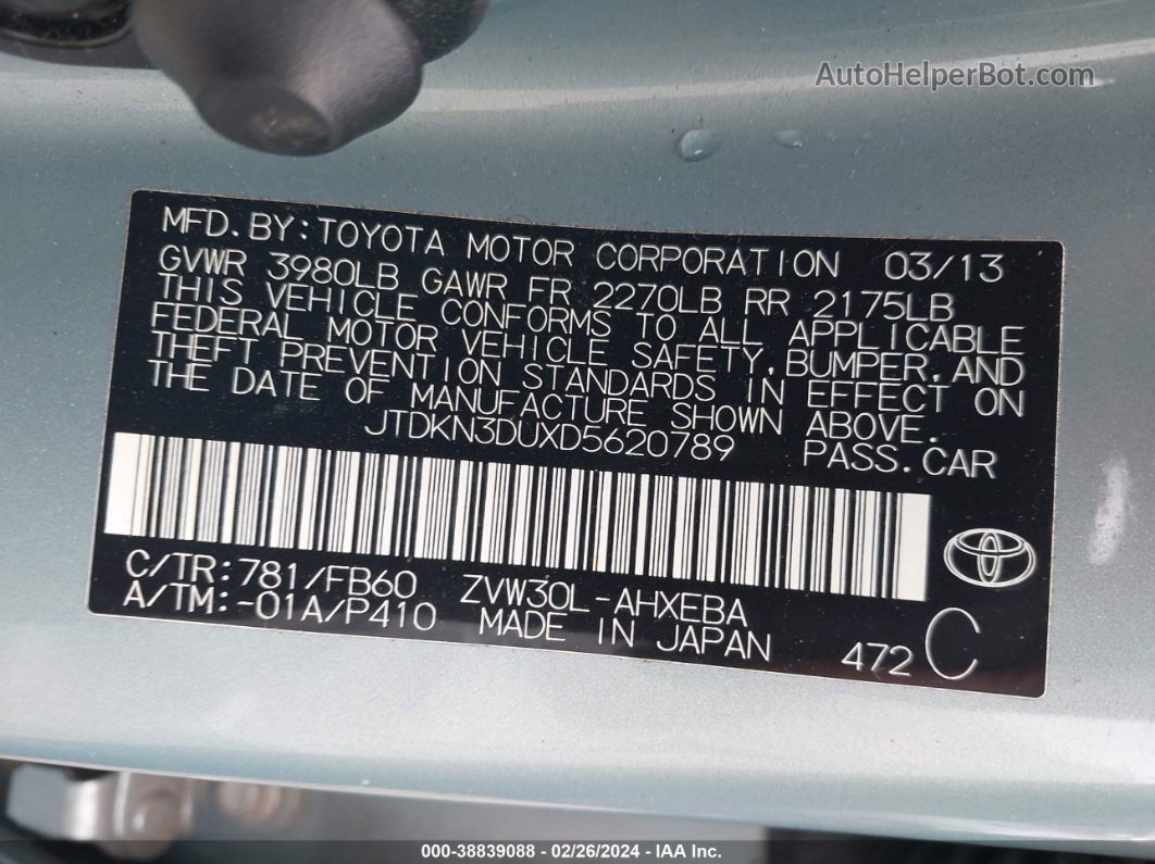 2013 Toyota Prius Five/four/three/three Se/two Turquoise vin: JTDKN3DUXD5620789