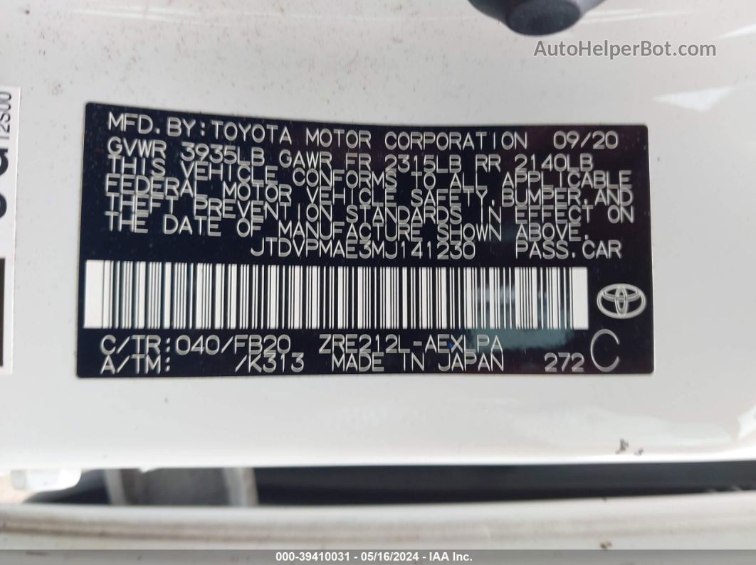 2021 Toyota Corolla Le White vin: JTDVPMAE3MJ141230