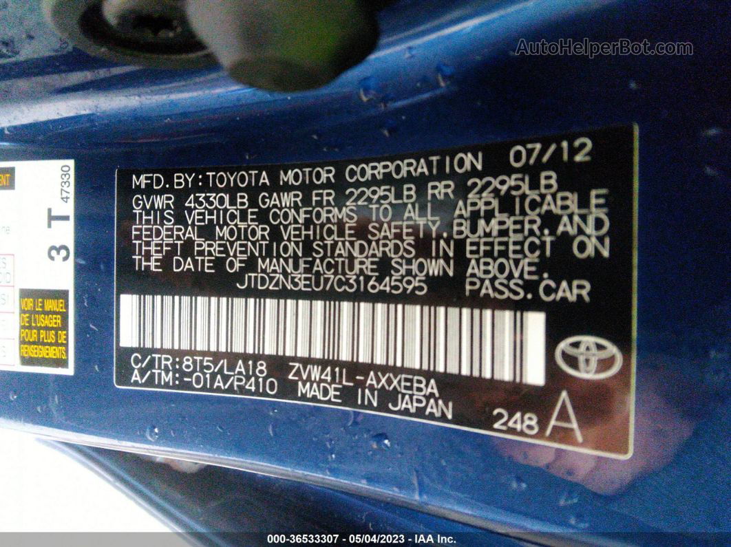 2012 Toyota Prius V Two/three/five Blue vin: JTDZN3EU7C3164595