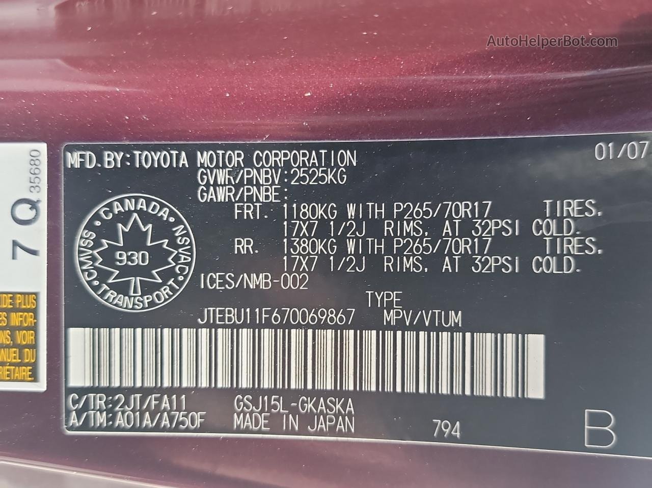 2007 Toyota Fj Cruiser  Maroon vin: JTEBU11F670069867