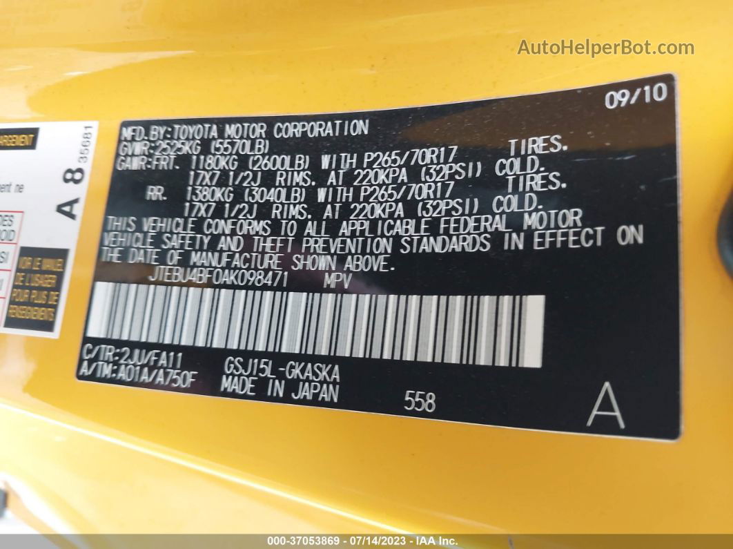 2010 Toyota Fj Cruiser   Yellow vin: JTEBU4BF0AK098471