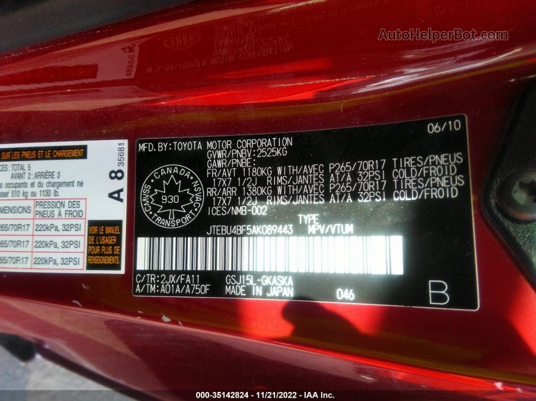 2010 Toyota Fj Cruiser   Red vin: JTEBU4BF5AK089443