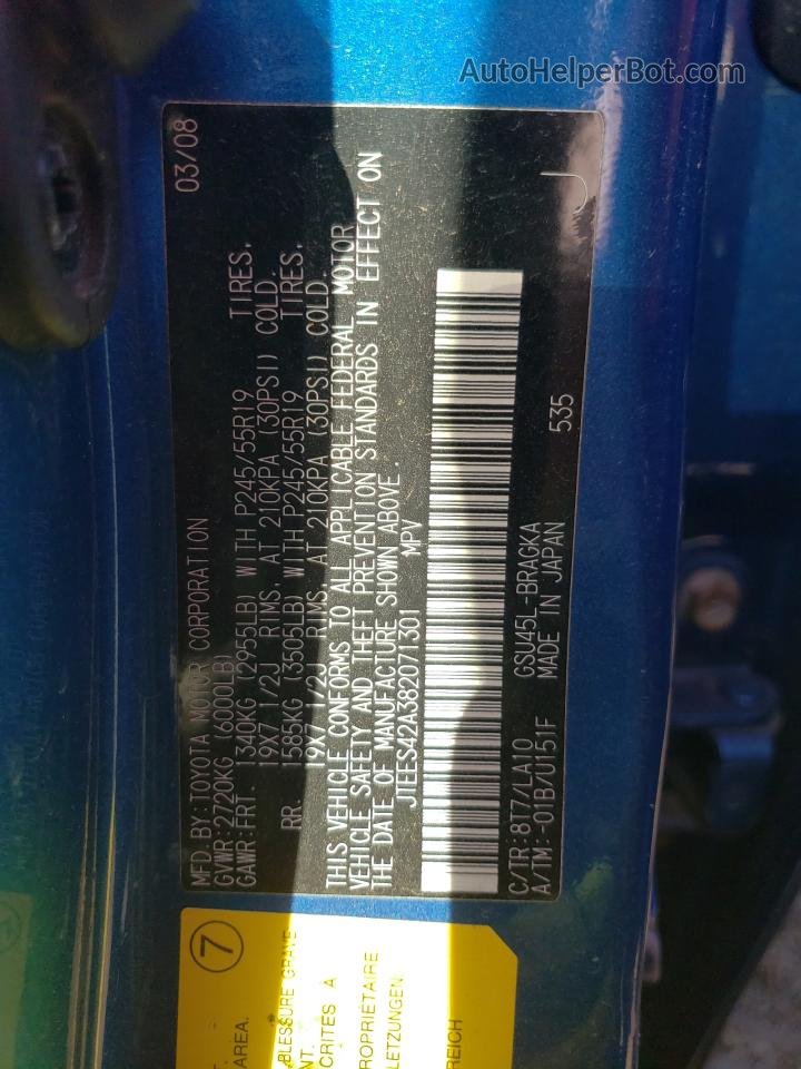 2008 Toyota Highlander Limited Blue vin: JTEES42A382071301
