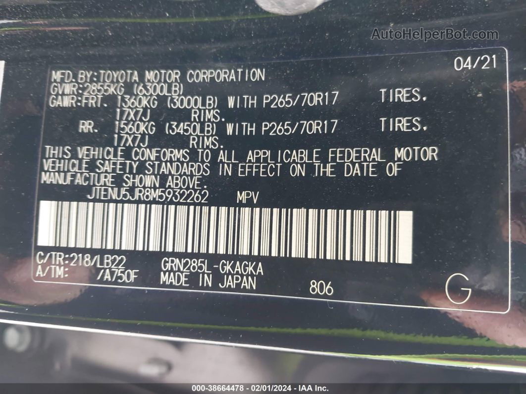 2021 Toyota 4runner Sr5 Premium Black vin: JTENU5JR8M5932262