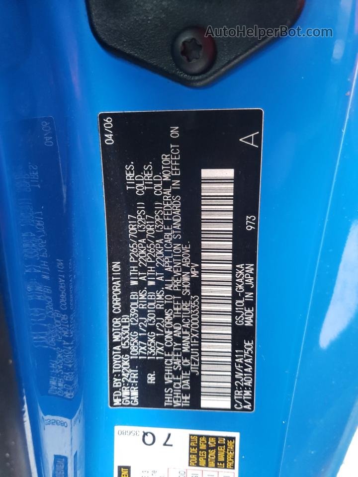 2007 Toyota Fj Cruiser  Blue vin: JTEZU11FX70003353
