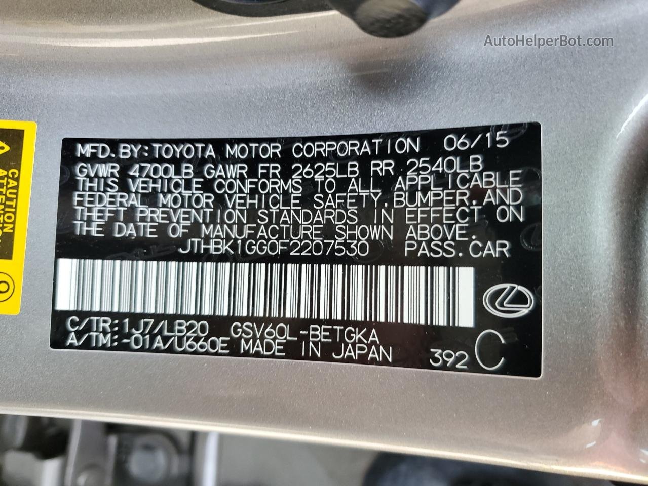 2015 Lexus Es 350 Gray vin: JTHBK1GG0F2207530