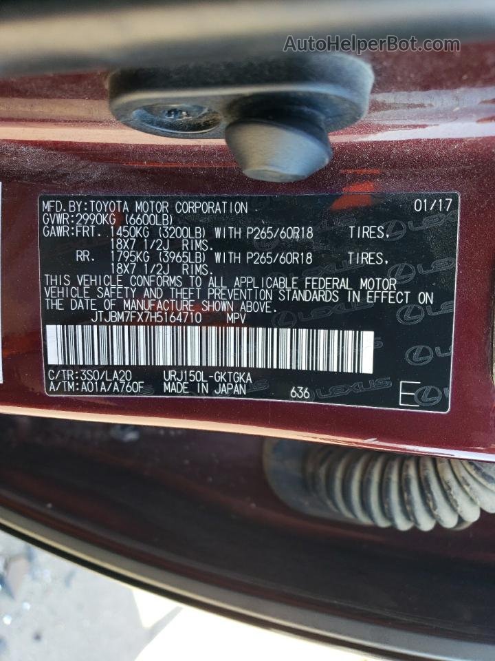 2017 Lexus Gx 460 Maroon vin: JTJBM7FX7H5164710